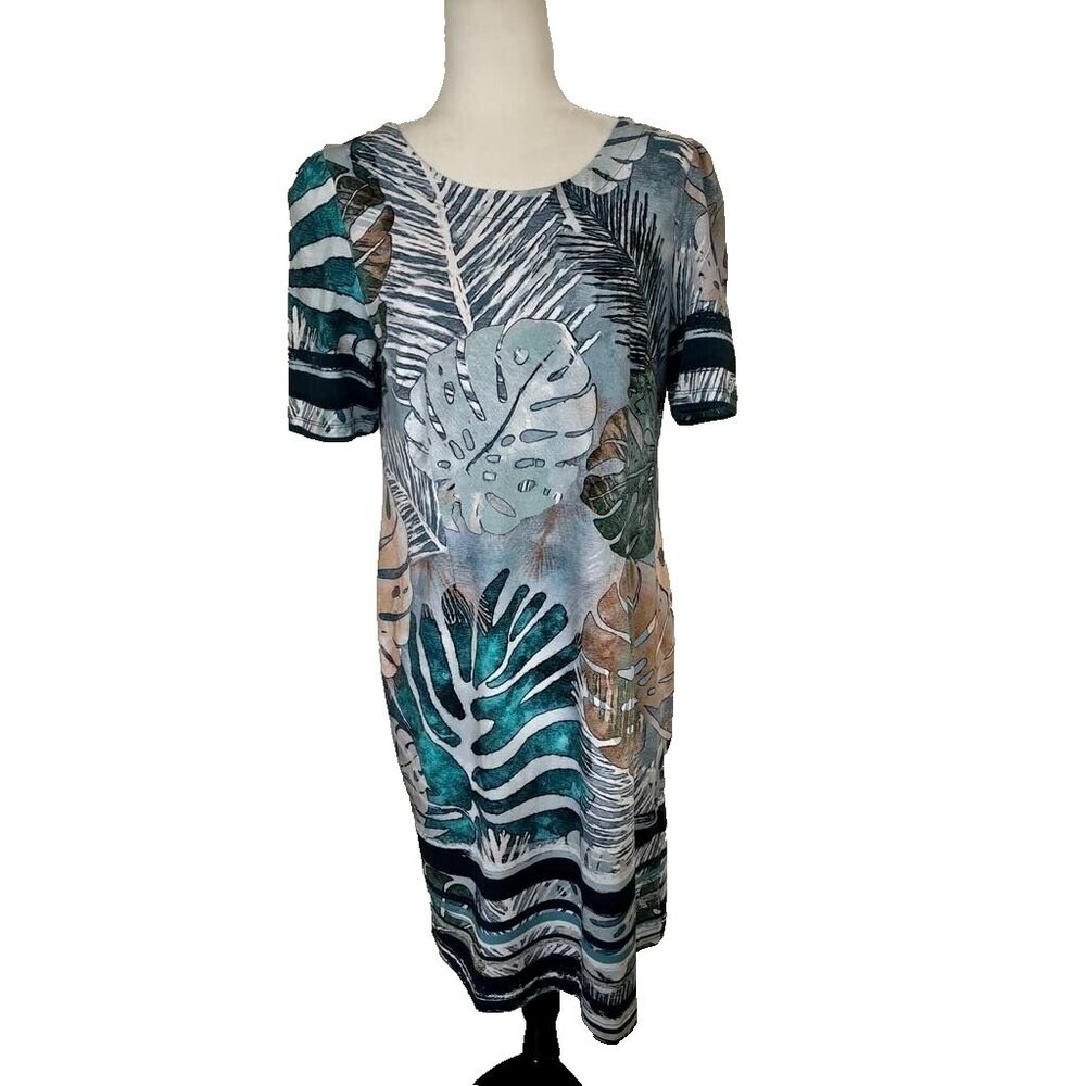 SIMPLY ART by Dolcezza Dress Size Large Blue Tropical Back Zipper